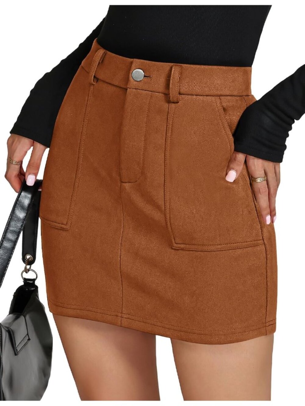Women Pumpkin Faux Suede Button & Zipper Belt Loop Pockets Mini High Waist Skirt
